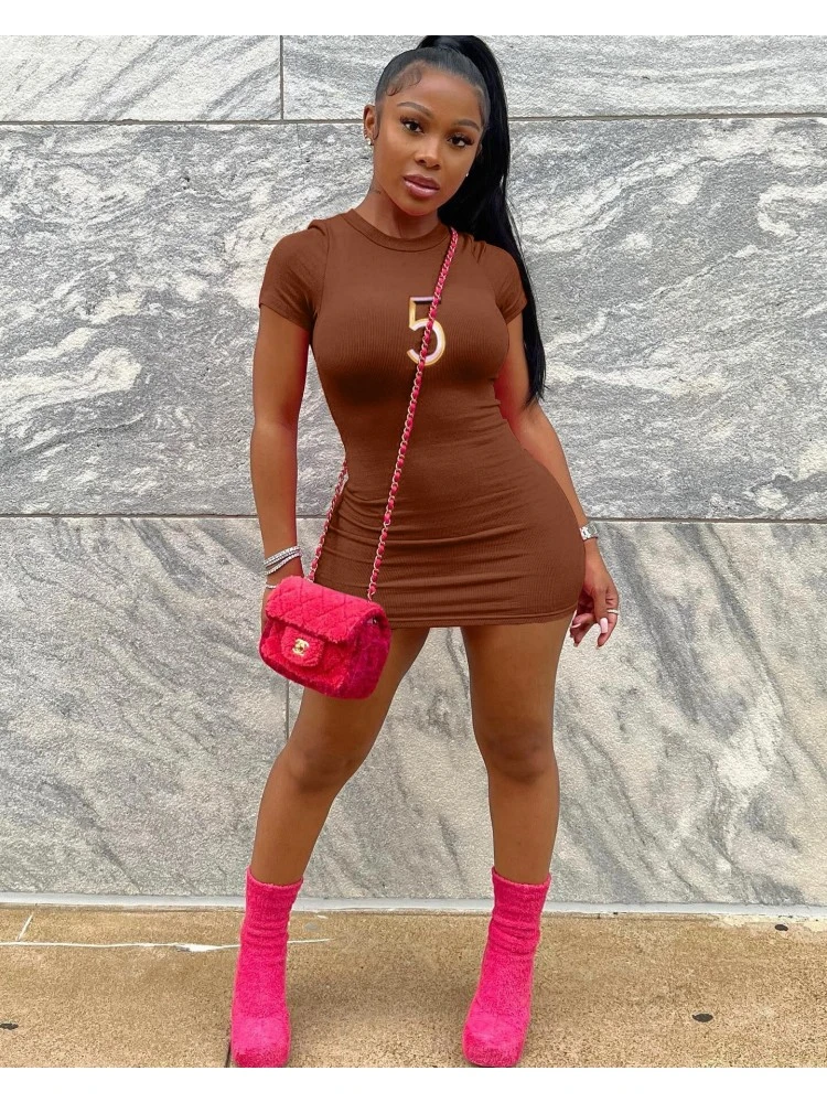 Number Printing Round Neck Women's Short Sleeve Dress 3 Number Printing Round Neck Women's Short Sleeve Dress