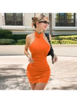 Sexy Fashion PU Pure Color Zipper Sleeveless Dress