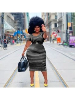 Plus Size Striped V Neck Short Sleeve Dress