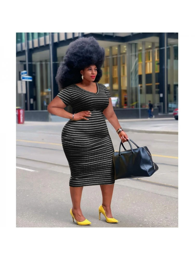 Plus Size Striped V Neck Short Sleeve Dress 4 Plus Size Striped V Neck Short Sleeve Dress - Image 2