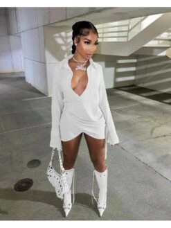 Sexy Low Cut Solid Long Sleeve Short Dress -Define Your Shop P 20220901150001359 192