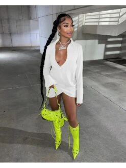 Sexy Low Cut Solid Long Sleeve Short Dress -Define Your Shop P 20220901150004078 606