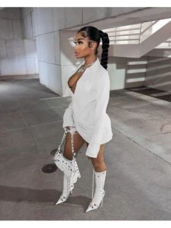 Sexy Low Cut Solid Long Sleeve Short Dress -Define Your Shop P 20220901150006793 267