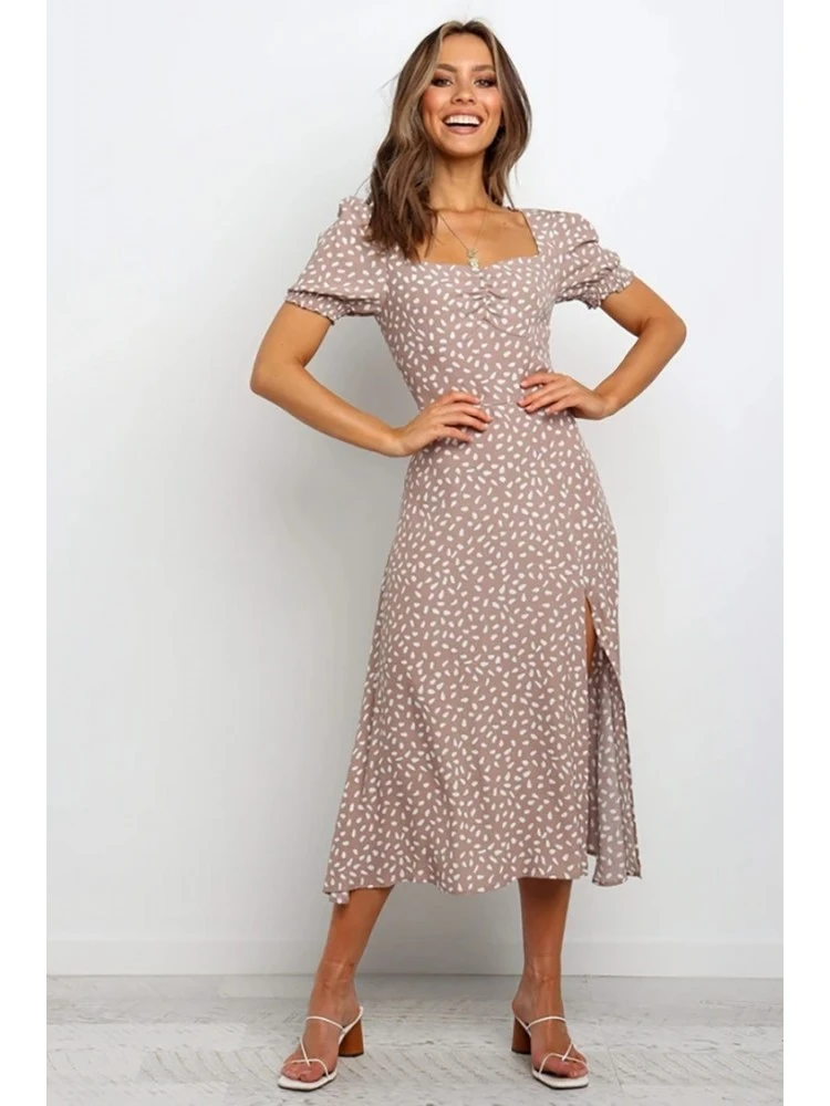 Ladies Square Neck Printed Short Puff Sleeve Slit Dress 3 Ladies Square Neck Printed Short Puff Sleeve Slit Dress