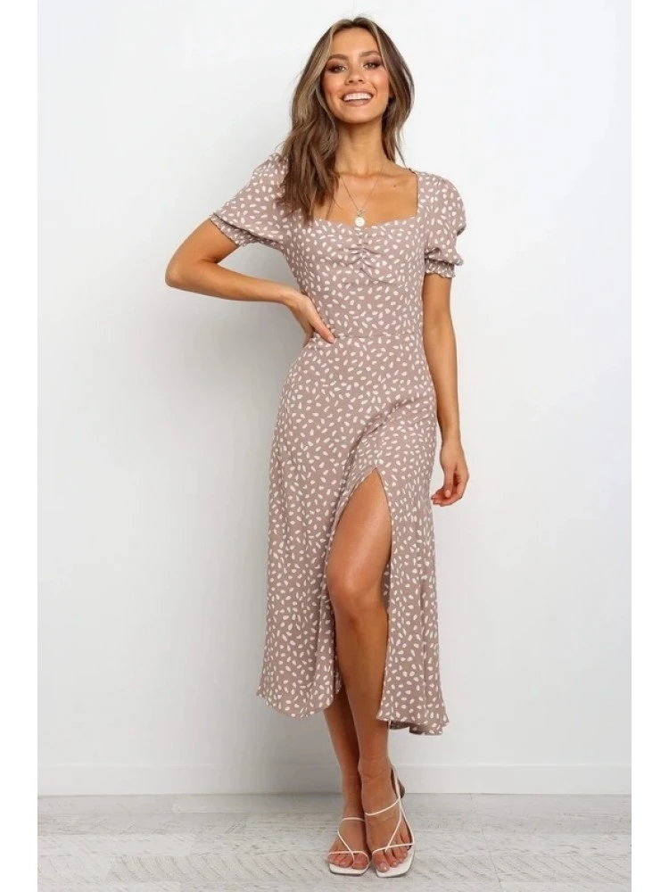 Ladies Square Neck Printed Short Puff Sleeve Slit Dress 4 Ladies Square Neck Printed Short Puff Sleeve Slit Dress - Image 2