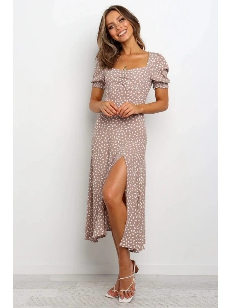 Ladies Square Neck Printed Short Puff Sleeve Slit Dress 5 Ladies Square Neck Printed Short Puff Sleeve Slit Dress - Image 3