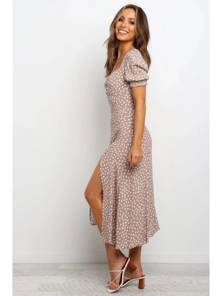 Ladies Square Neck Printed Short Puff Sleeve Slit Dress 6 Ladies Square Neck Printed Short Puff Sleeve Slit Dress - Image 4