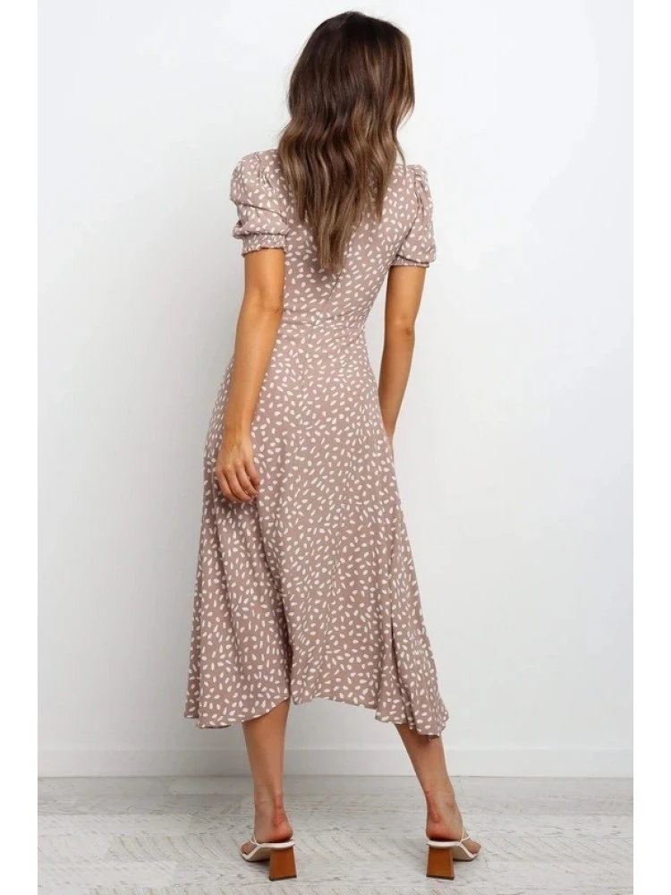 Ladies Square Neck Printed Short Puff Sleeve Slit Dress 8 Ladies Square Neck Printed Short Puff Sleeve Slit Dress - Image 6