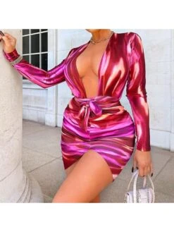 Red V Neck Long Sleeve Skinny Mini Dress