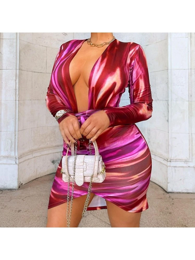 Red V Neck Long Sleeve Skinny Mini Dress 4 Red V Neck Long Sleeve Skinny Mini Dress - Image 2