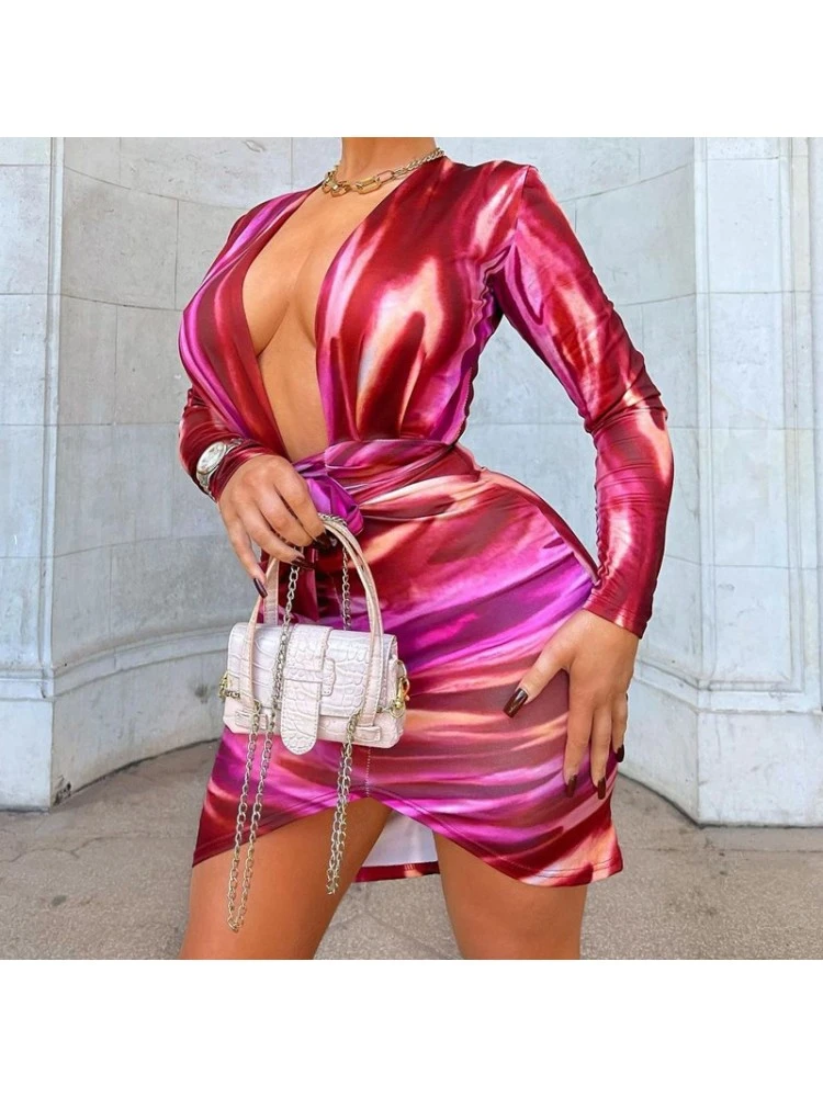 Red V Neck Long Sleeve Skinny Mini Dress 5 Red V Neck Long Sleeve Skinny Mini Dress - Image 3