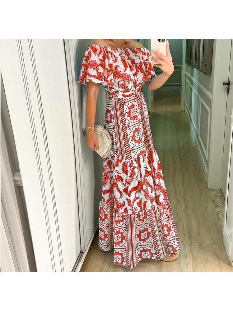 Summer Printing Off Shoulder Bohemian Short Sleeve Dress 4 Summer Printing Off Shoulder Bohemian Short Sleeve Dress - Image 2