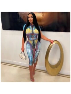 Dots Printed Blue Half Zip Short Sleeve Dress