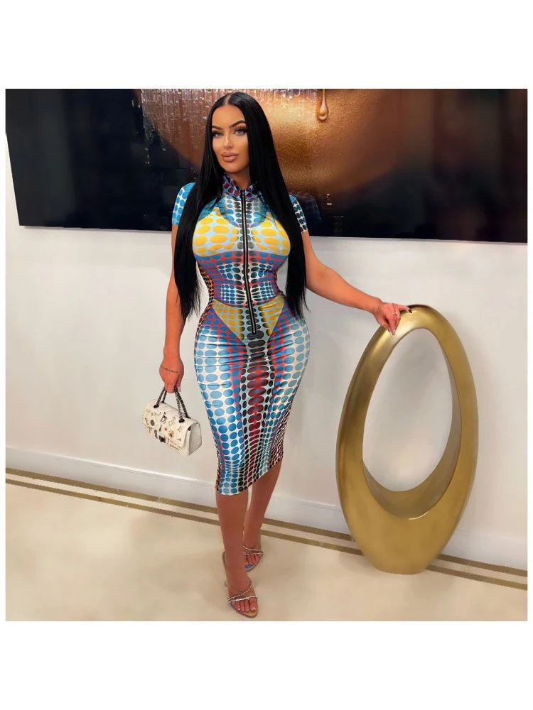 Dots Printed Blue Half Zip Short Sleeve Dress 3 Dots Printed Blue Half Zip Short Sleeve Dress