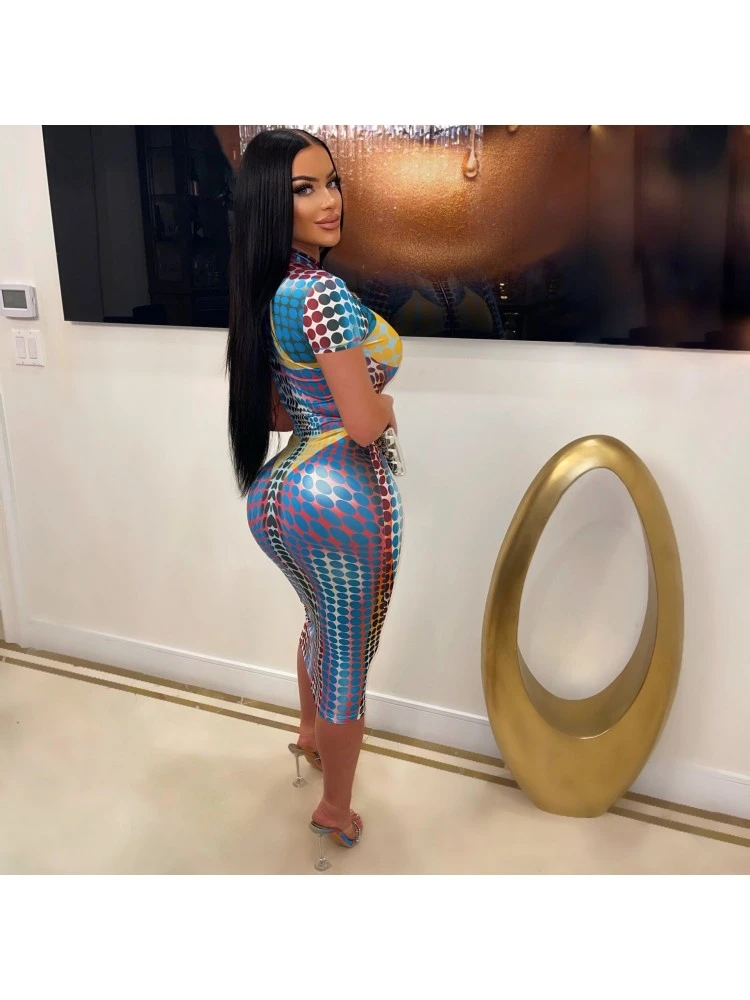 Dots Printed Blue Half Zip Short Sleeve Dress 4 Dots Printed Blue Half Zip Short Sleeve Dress - Image 2