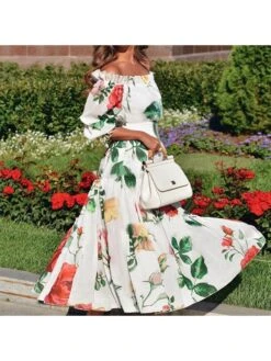 White Loose Printing Short Sleeve Long Dress -Define Your Shop P 20230210100150691 525