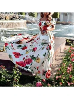 White Loose Printing Short Sleeve Long Dress -Define Your Shop P 20230210100153053 324