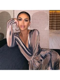 Women Brown Printed V Neck Long Sleeve Dress -Define Your Shop P 20230217100513487 839