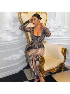 Women Brown Printed V Neck Long Sleeve Dress -Define Your Shop P 20230217100518188 172