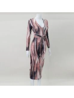 Women Brown Printed V Neck Long Sleeve Dress -Define Your Shop P 20230217100522815 826
