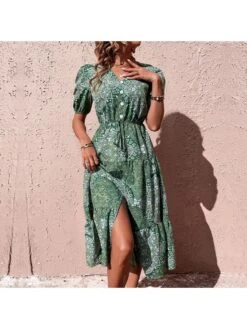Boho Style Paisley V Neck Puff Sleeve Ruffles Dress