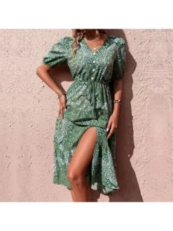 Boho Style Paisley V Neck Puff Sleeve Ruffles Dress -Define Your Shop P 20230301124124590 704