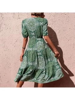 Boho Style Paisley V Neck Puff Sleeve Ruffles Dress -Define Your Shop P 20230301124126984 570