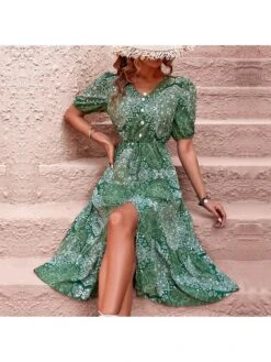 Boho Style Paisley V Neck Puff Sleeve Ruffles Dress -Define Your Shop P 20230301124129284 593