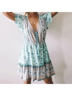 V Neck Ruffled Bohemian Dress For Women