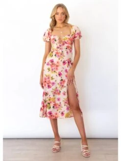 Ladies Puff Sleeve Split Hem Floral Midi Dress 8 Ladies Puff Sleeve Split Hem Floral Midi Dress -Define Your Shop P 20230324110920495 852