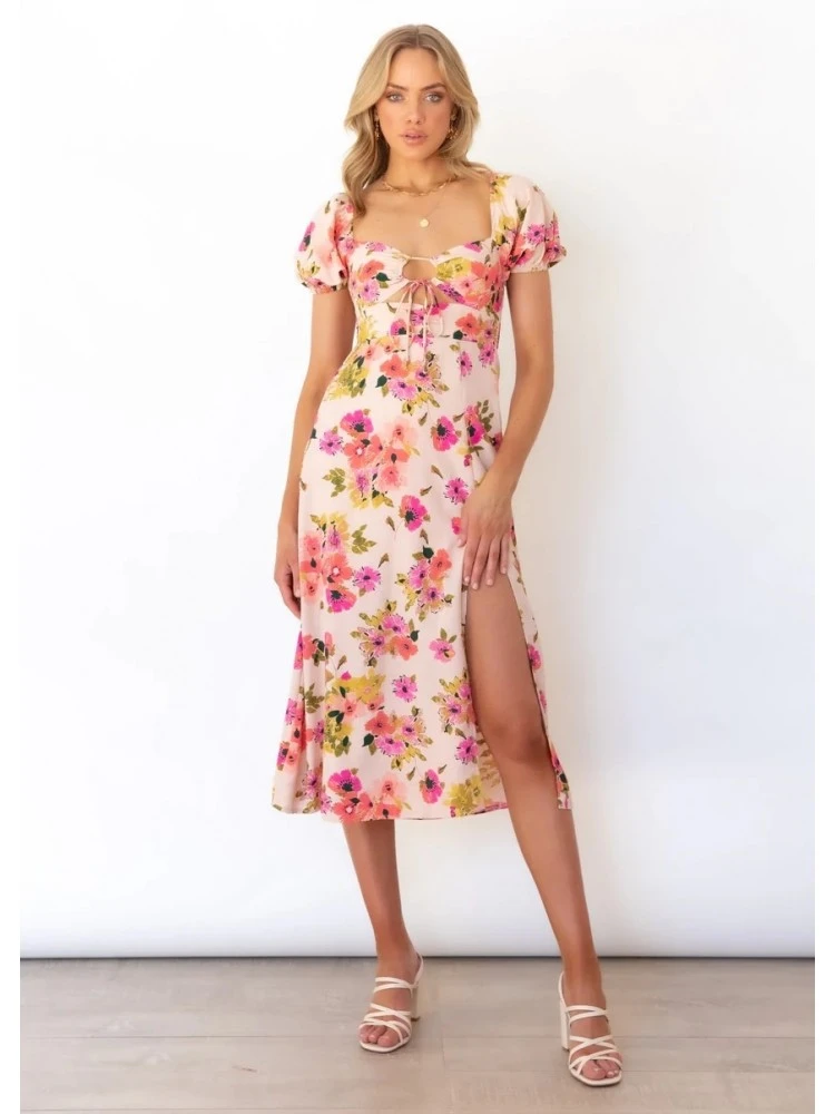 Ladies Puff Sleeve Split Hem Floral Midi Dress 4 Ladies Puff Sleeve Split Hem Floral Midi Dress - Image 2
