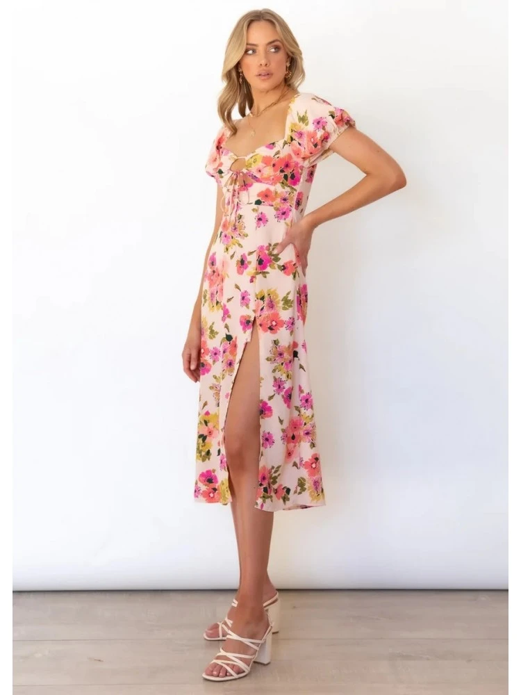 Ladies Puff Sleeve Split Hem Floral Midi Dress 6 Ladies Puff Sleeve Split Hem Floral Midi Dress - Image 4