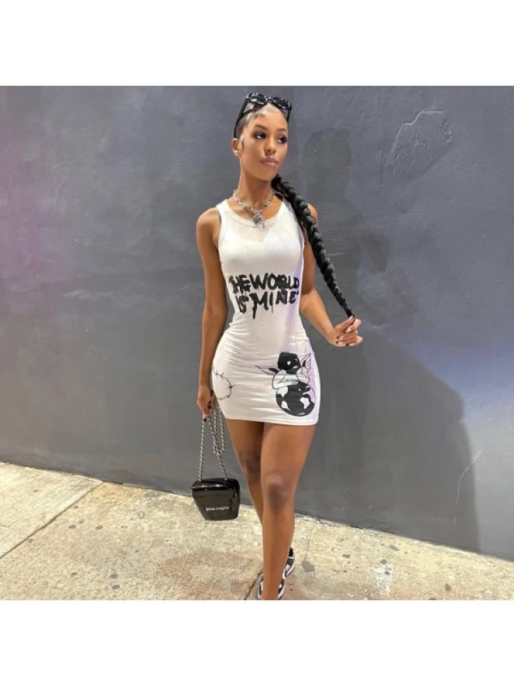 Summer Casual Graffiti Print Sleeveless Slim Dress 3 Summer Casual Graffiti Print Sleeveless Slim Dress