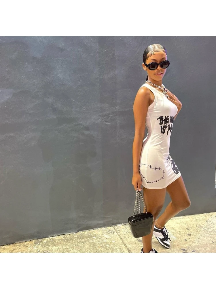 Summer Casual Graffiti Print Sleeveless Slim Dress 4 Summer Casual Graffiti Print Sleeveless Slim Dress - Image 2