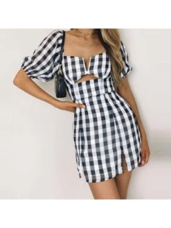 Define Your Shop 51 Black Backless Hollowed Out Plaid Short Sleeve Skirt