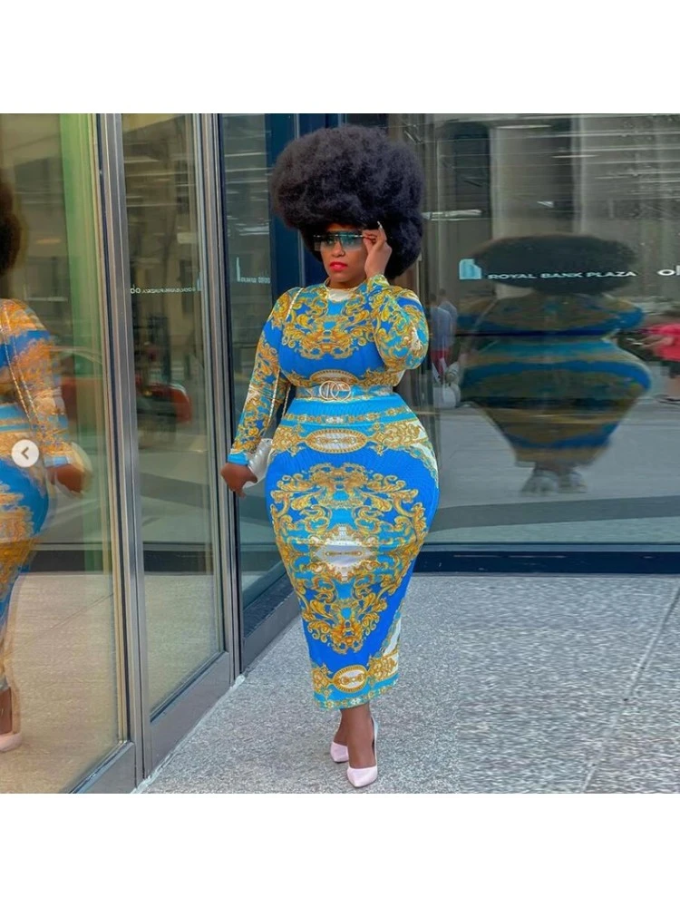 Blue Printing Plus Size Long Sleeve Dress For Women 3 Blue Printing Plus Size Long Sleeve Dress For Women