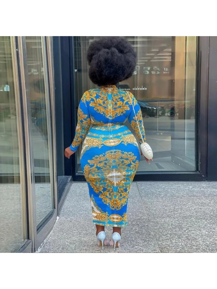 Blue Printing Plus Size Long Sleeve Dress For Women 4 Blue Printing Plus Size Long Sleeve Dress For Women - Image 2