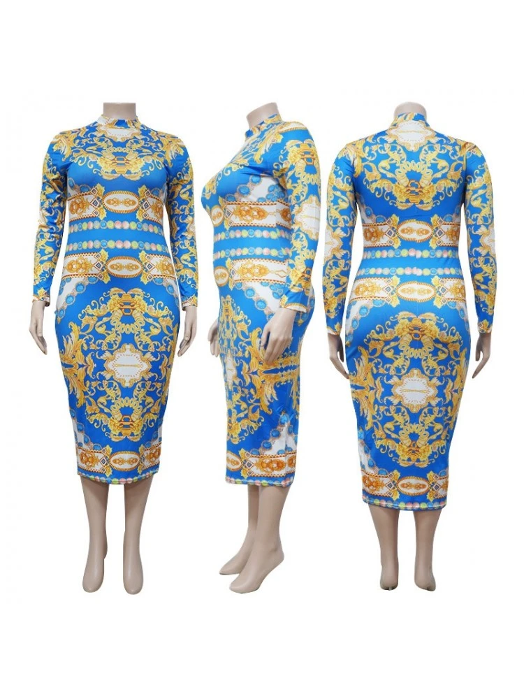 Blue Printing Plus Size Long Sleeve Dress For Women 5 Blue Printing Plus Size Long Sleeve Dress For Women - Image 3