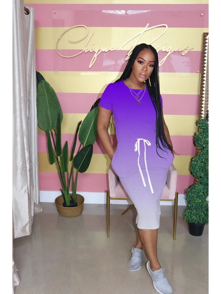 Casual Round Neck Gradient Color Short Sleeve Dress 4 Casual Round Neck Gradient Color Short Sleeve Dress - Image 2