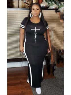 Casual Black Printing Contrast Color Short Sleeve Dress