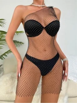 Define Your Shop 43 Beach Club See Through Metal Rhinestone One Shoulder Dress