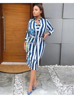 Women's Stripe Long Sleeve Shirts Dress