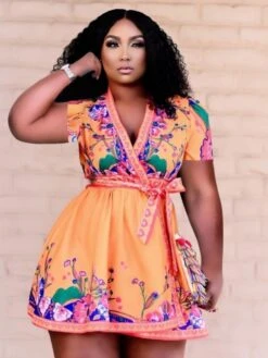 Summer Printed V Neck Loose Short Dress