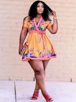 Summer Printed V Neck Loose Short Dress -Define Your Shop P 20230424210026455 969