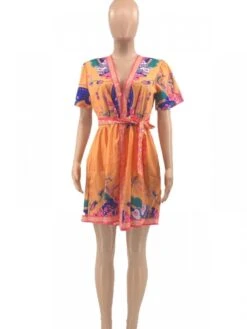 Summer Printed V Neck Loose Short Dress -Define Your Shop P 20230424210028798 347