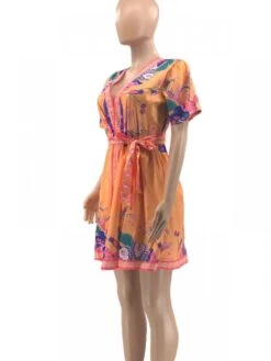 Summer Printed V Neck Loose Short Dress -Define Your Shop P 20230424210031100 280