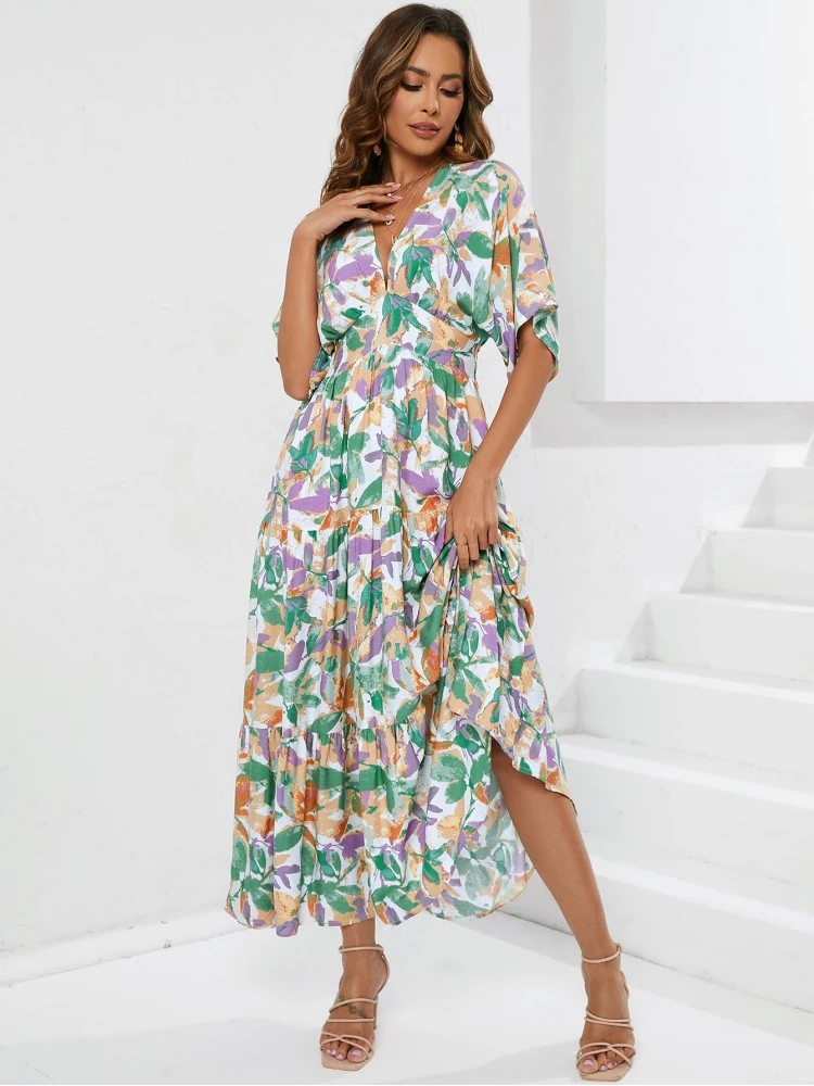 Vacation Floral Drawstring Short Sleeve Maxi Dress 4 Vacation Floral Drawstring Short Sleeve Maxi Dress - Image 2