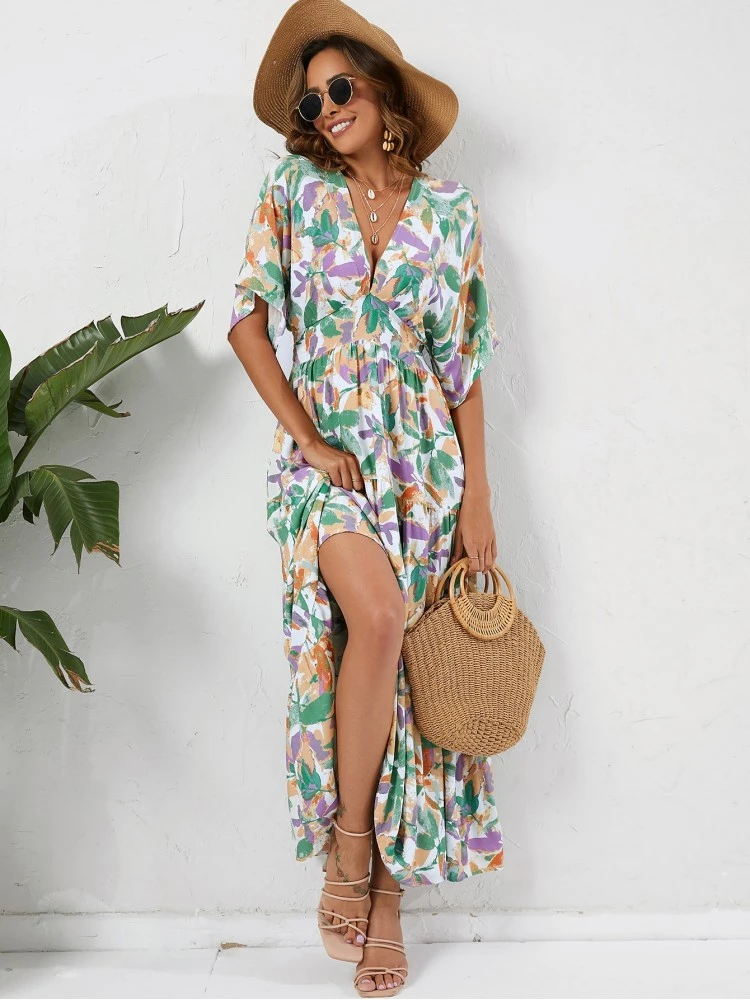 Vacation Floral Drawstring Short Sleeve Maxi Dress 5 Vacation Floral Drawstring Short Sleeve Maxi Dress - Image 3
