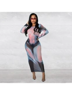 Sexy Printing Gauze Long Sleeve Bodycon Maxi Dress -Define Your Shop P 20230506194926829 676