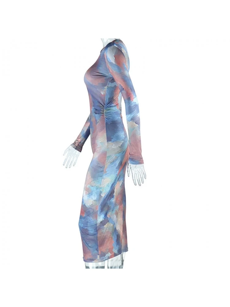 Slim Round Neck Printing Blue Women's Dress 9 Slim Round Neck Printing Blue Women's Dress - Image 7